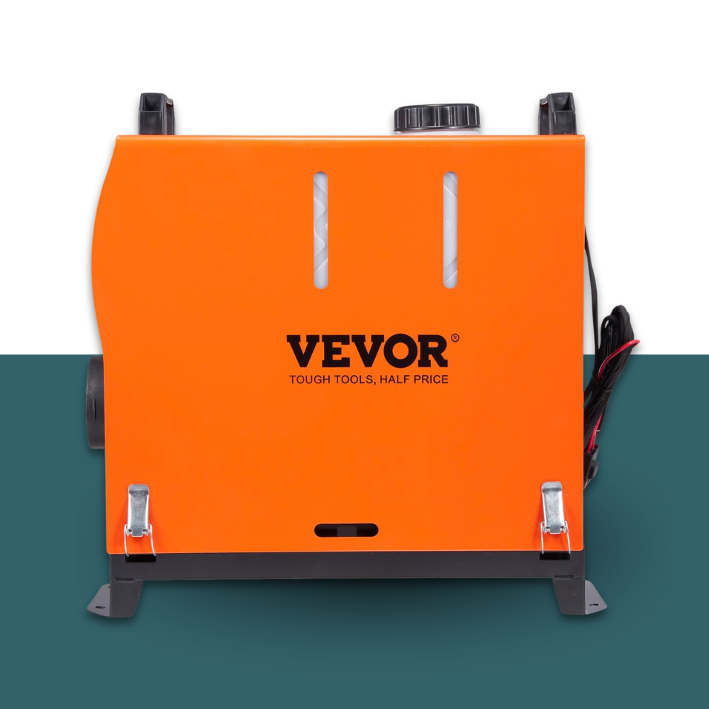VEVOR 8kW 12V Diesel Air Heater With Bluetooth App Control on a white and green gradient background