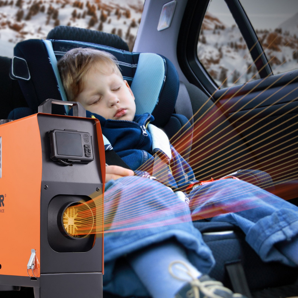 Child sleeping in a car seat with VEVOR 8kW 12V Diesel Air Heater With Bluetooth App Control in front