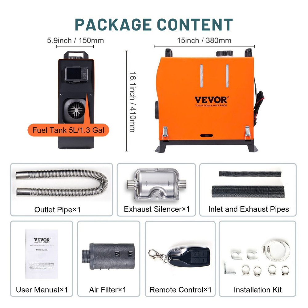 Package content list of VEVOR with dimensions and included items.