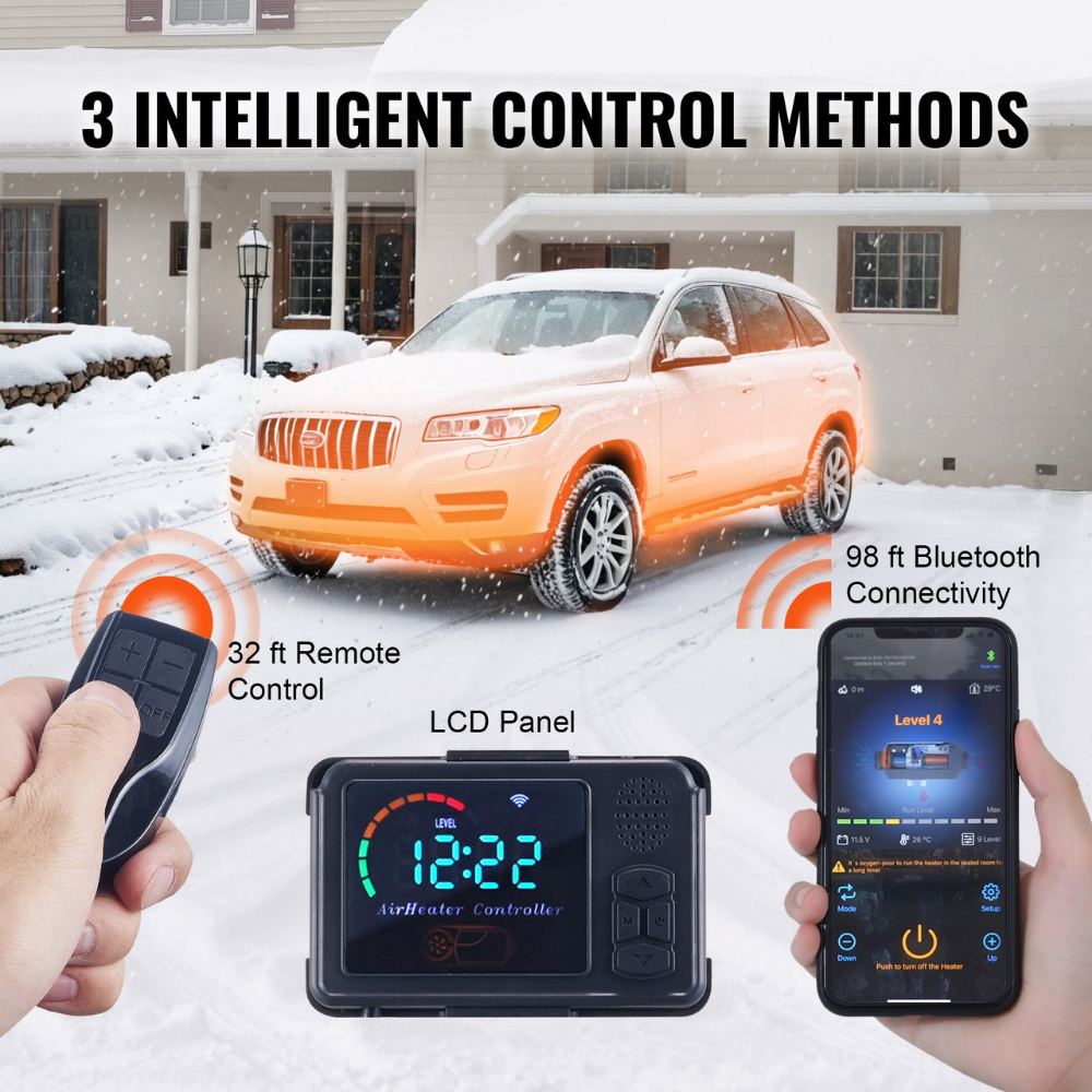 Car in snow with remote control, LCD panel, and smartphone displaying air heater controller app.