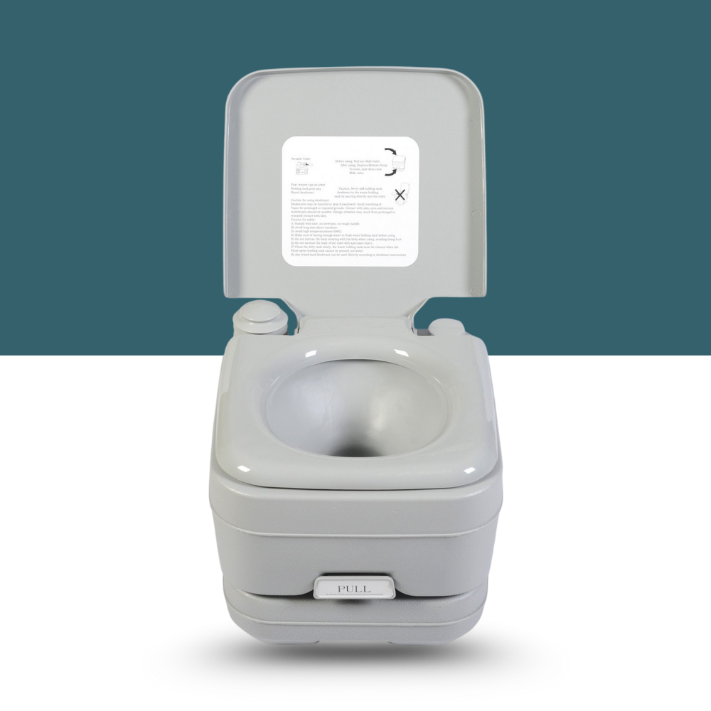 Front view of grey portable camping toilet with lid open, shown against a teal background.