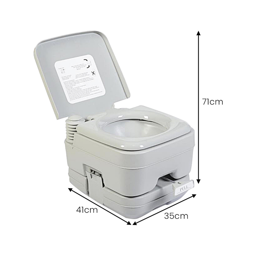 Front view of grey portable camping toilet with lid open, shown against a teal background.