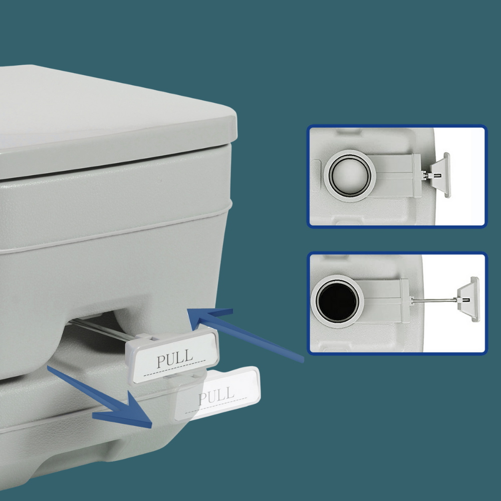 Close-up of waste outlet and cap, showing the rear spout and flush handle of the unit.