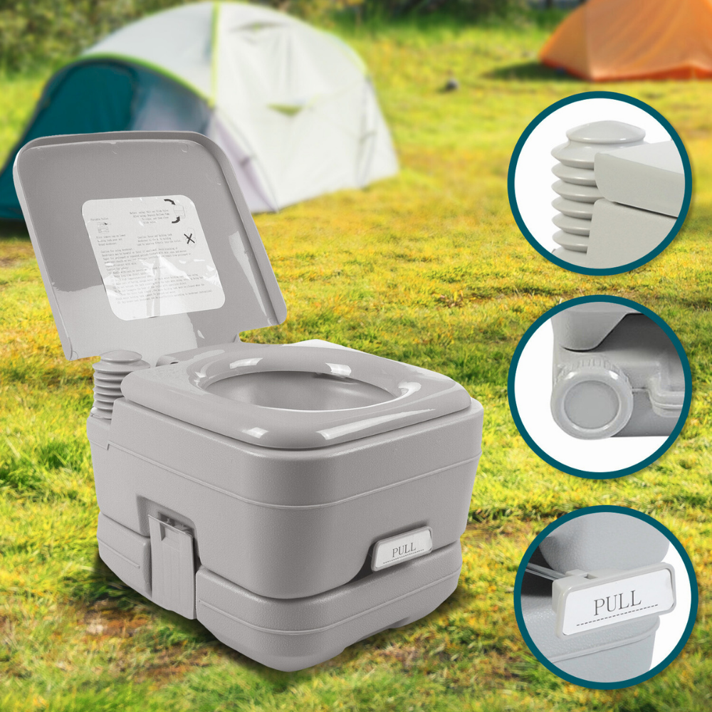Toilet in grassy outdoor setup, with three close-up overlays showing water flow, locking latch, and outlet cap details.