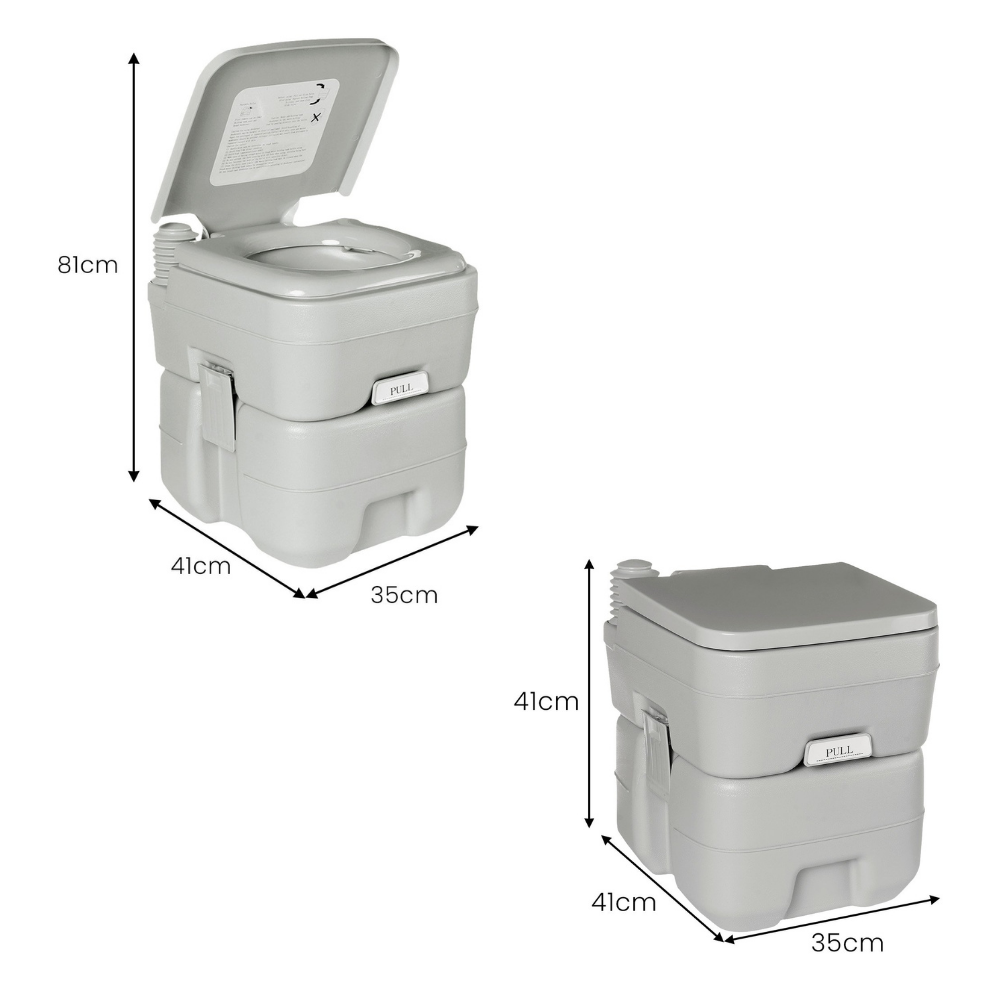 Grey portable camping toilet with open lid, annotated with dimensions: 83cm height, 40cm width, 35cm depth.