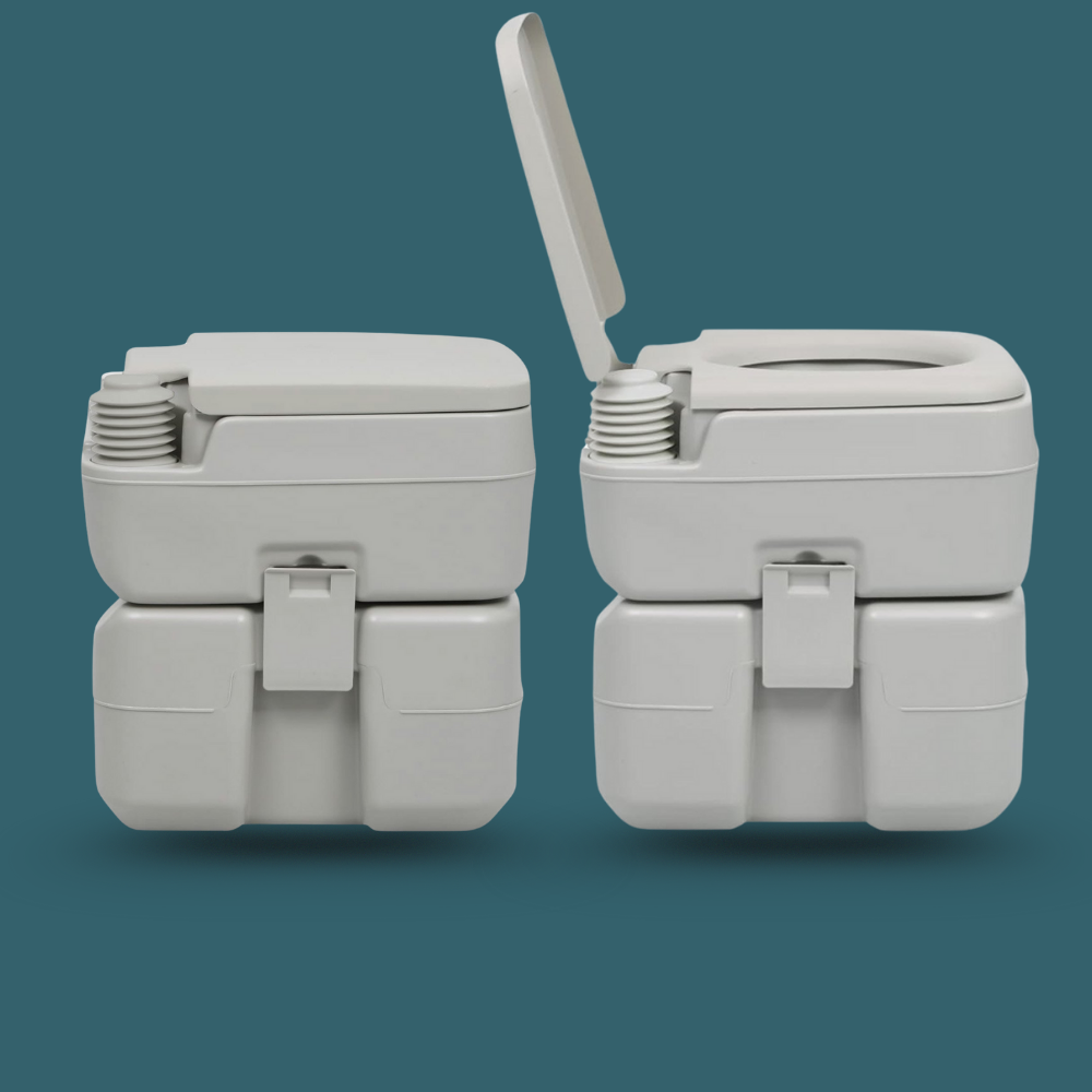 Side-by-side top and side views, showing the unit with closed lid and upright flush handle for operation clarity.