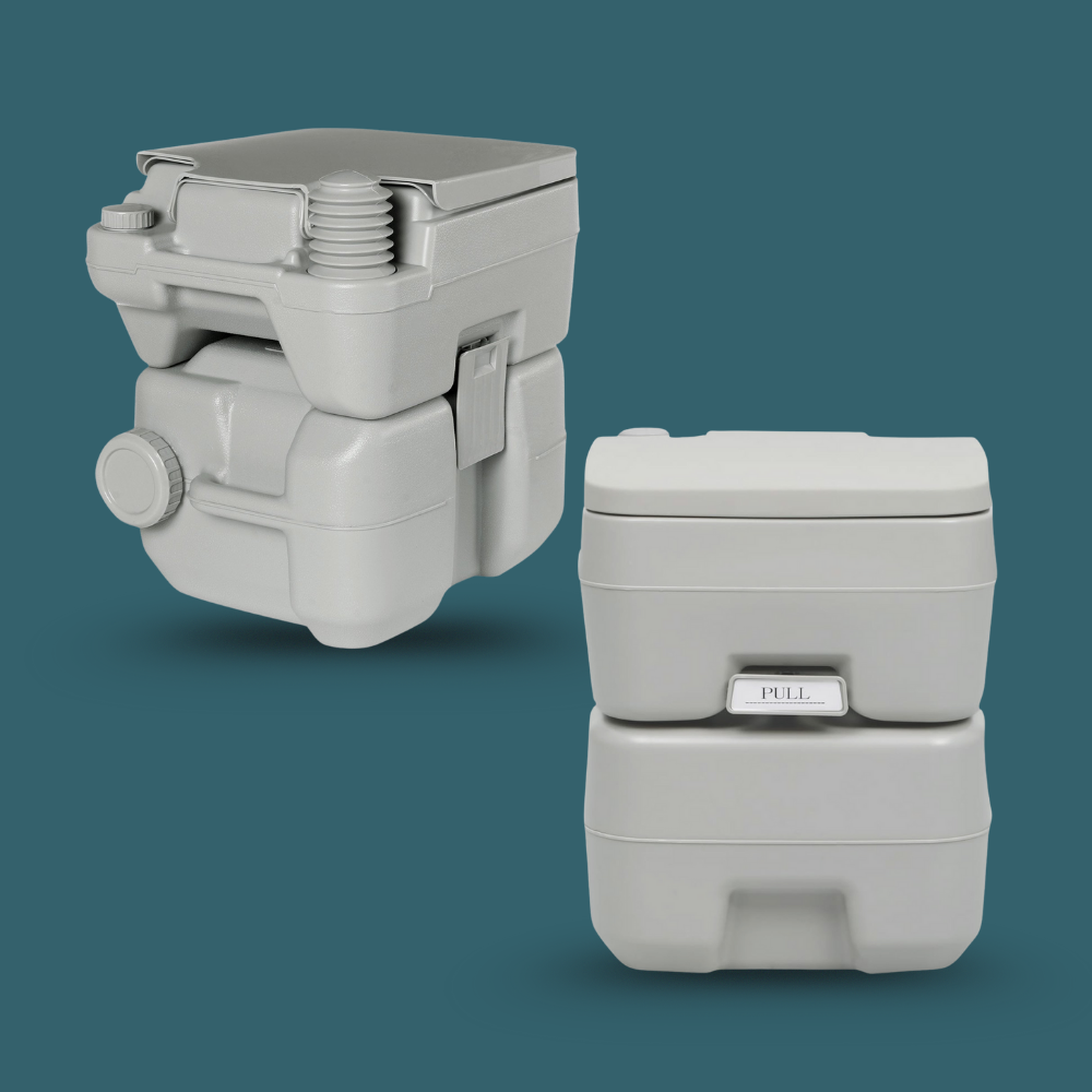 Front and side views of the portable toilet, showing compact dual-tank design from different angles.