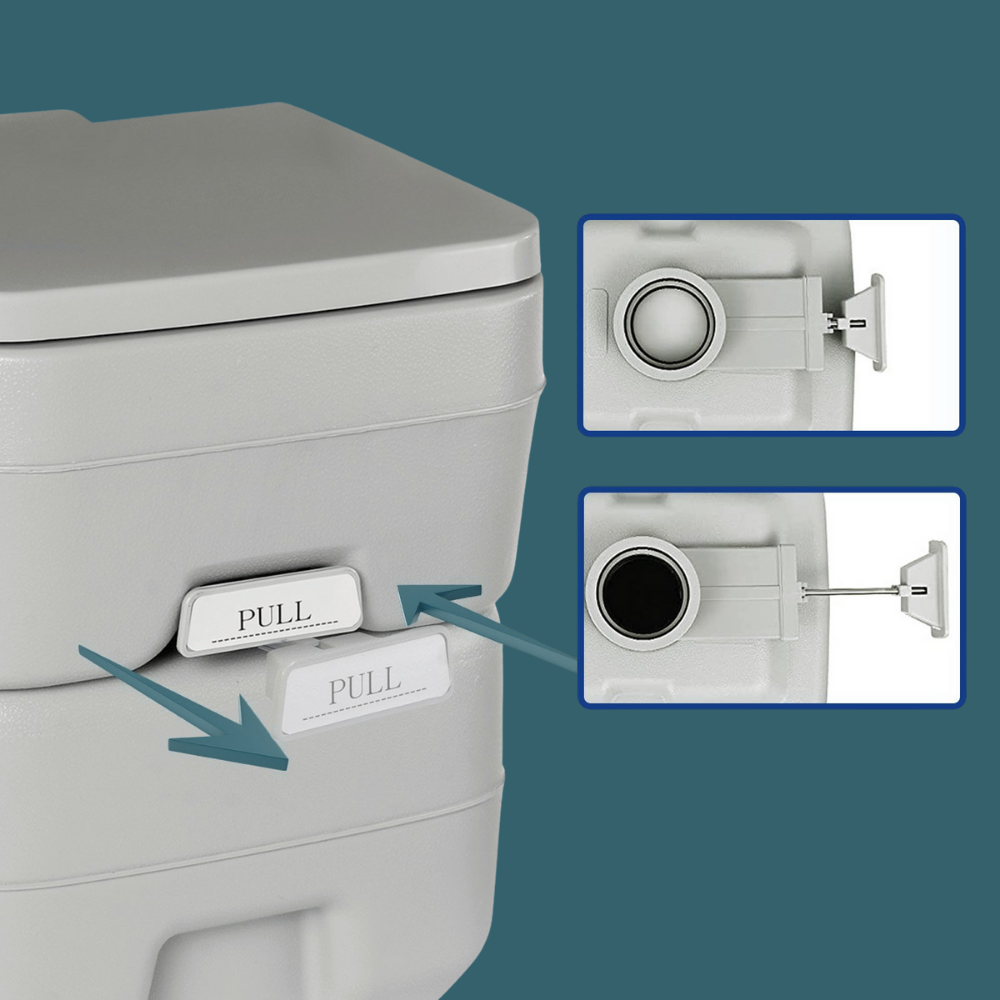 Close-up of flush nozzle and waste spout, highlighting open/close switch functionality.