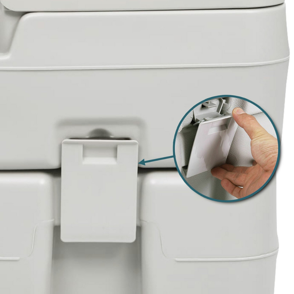 Latch detail with circular inset, showing how the clip secures the top and bottom parts together.