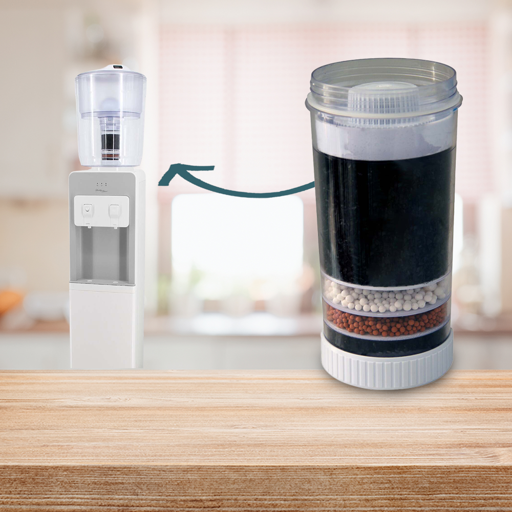 "Water filter cartridge being installed into a dispenser on a kitchen countertop."