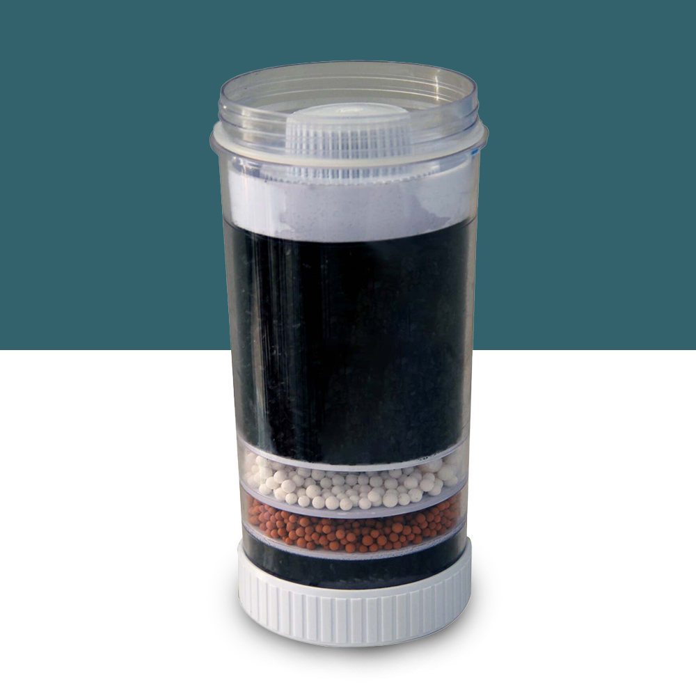 "Close-up of a replacement water filter cartridge with multi-layer filtration design."