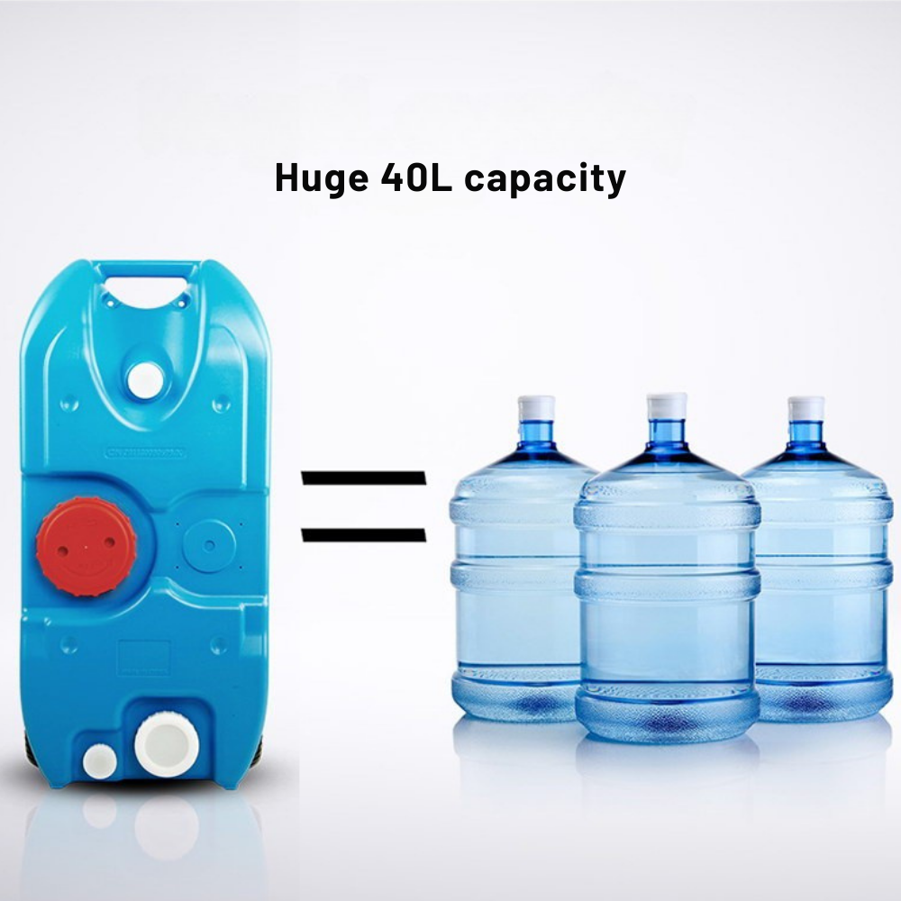 Blue water storage container with a red button, labeled 'Huge 40L capacity', on a white background.