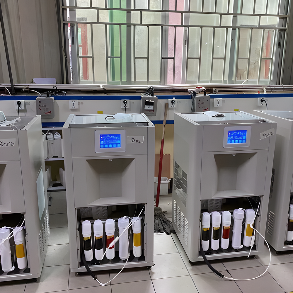 Factory setup showing multiple WES atmospheric water generators under assembly. The open lower compartments reveal advanced filtration systems, with tools and components organised in the background