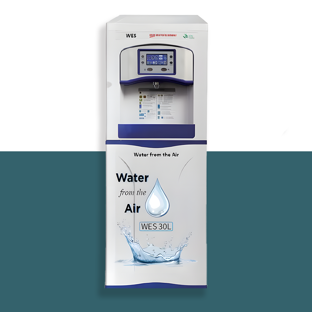 Front view of a WES 30L atmospheric water generator with a white and blue design, equipped with a touch display and the tagline 'Water from the Air.' The graphic indicates a 30-litre capacity.