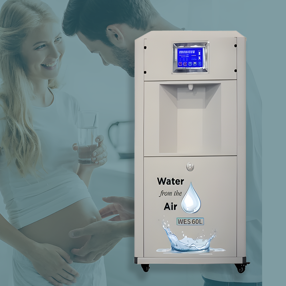 Lifestyle image featuring a WES 60L atmospheric water generator alongside a smiling pregnant woman drinking a glass of water, emphasising the health benefits and eco-friendly water sourcing