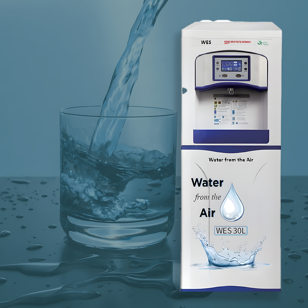 Promotional image of the WES 30L atmospheric water generator next to a glass of water being filled, symbolising pure and sustainable hydration