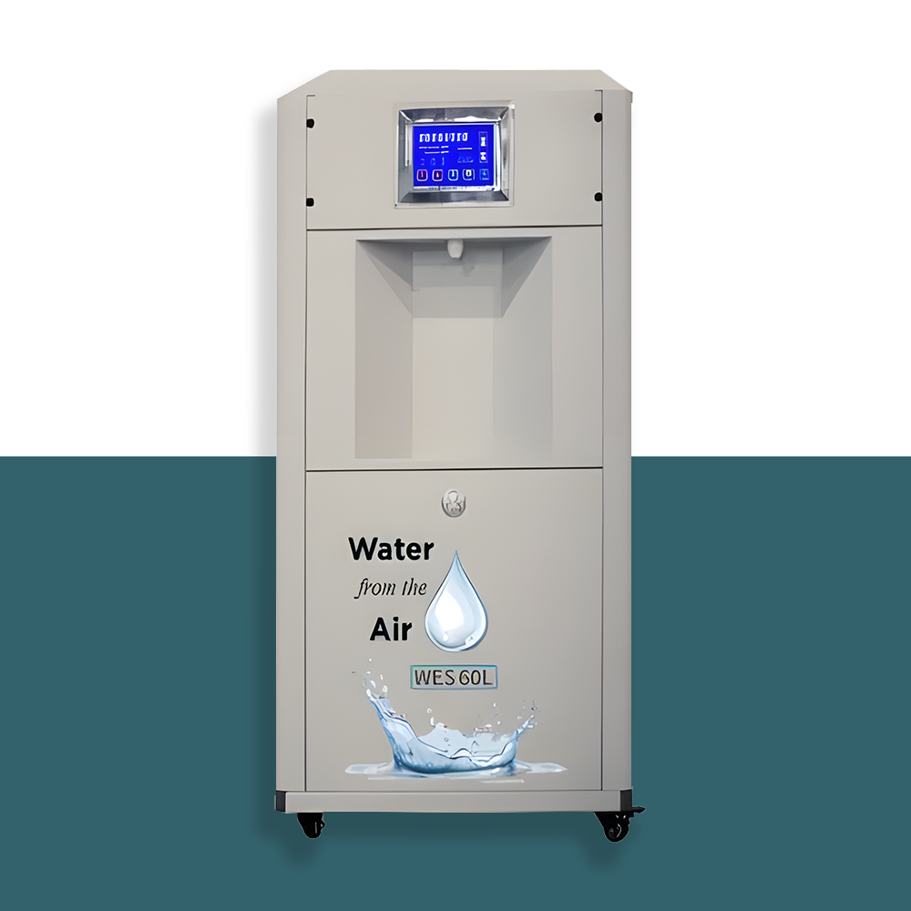 Front view of a WES 60L atmospheric water generator featuring a modern design, a touch display screen, and the tagline 'Water from the Air' with a water droplet graphic indicating a 60-litre capacity
