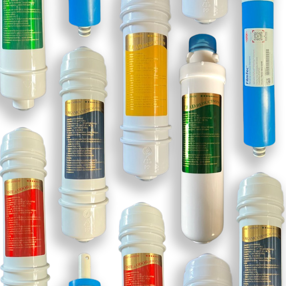 A collection of WES water filters for air-to-water generators, displayed against a white background. Filters have different coloured sections indicating their type and function.