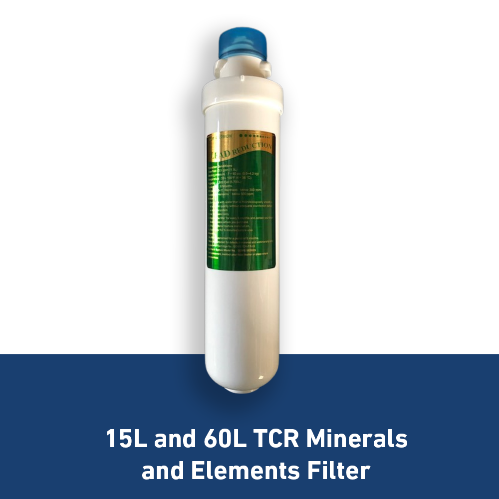 A 15L and 60L TCR Minerals and Elements Filter displayed against a blue background, used for water purification and mineral enrichment.