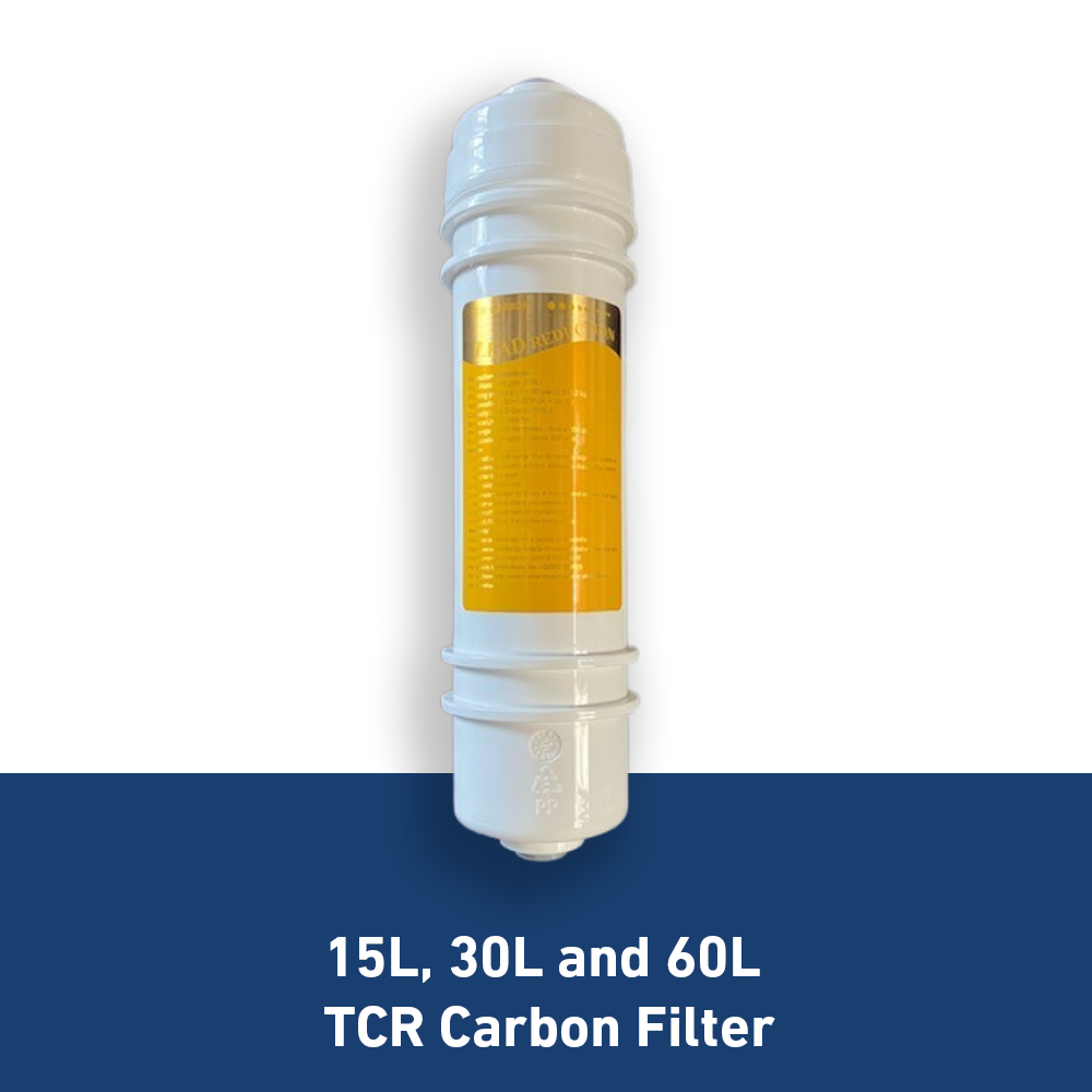 A 15L, 30L, and 60L TCR Carbon Filter, designed for removing impurities and improving water taste, displayed against a blue background.