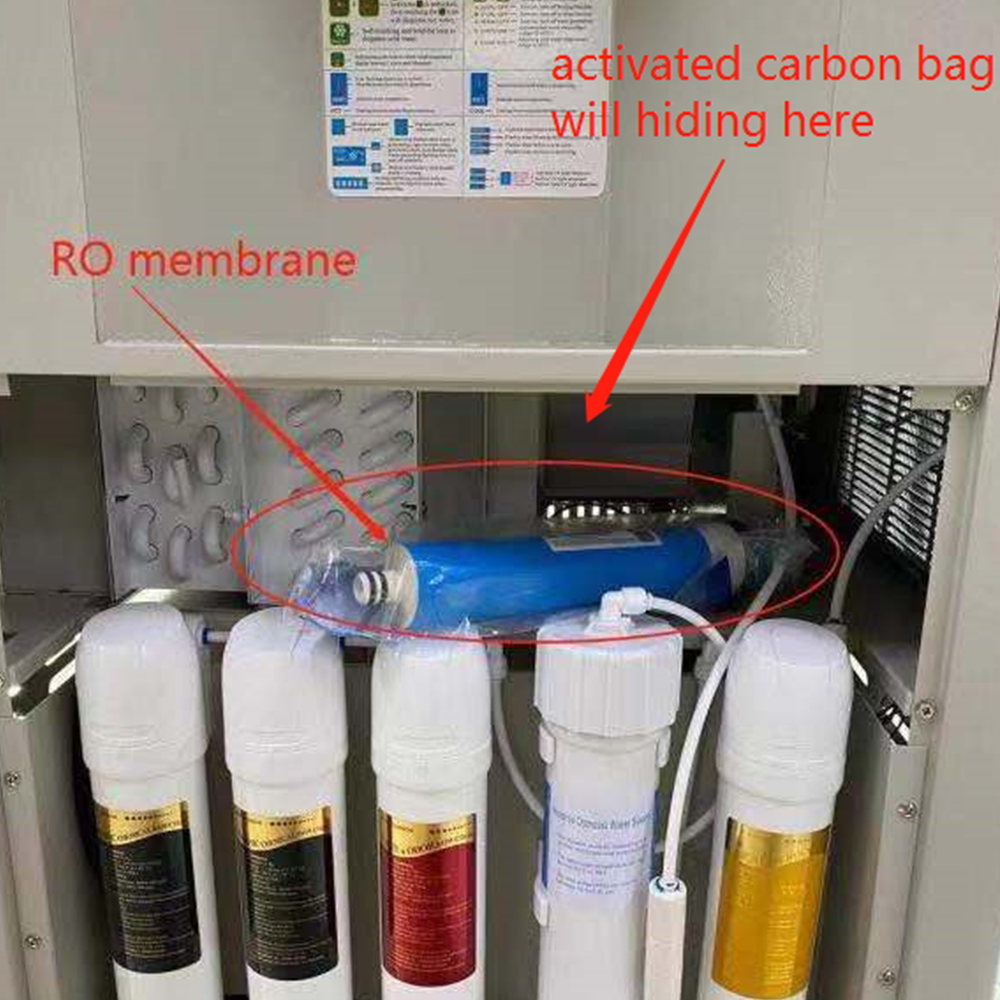An installed WES water filtration system inside an air-to-water generator, with labels indicating the RO membrane and the placement of an activated carbon bag.