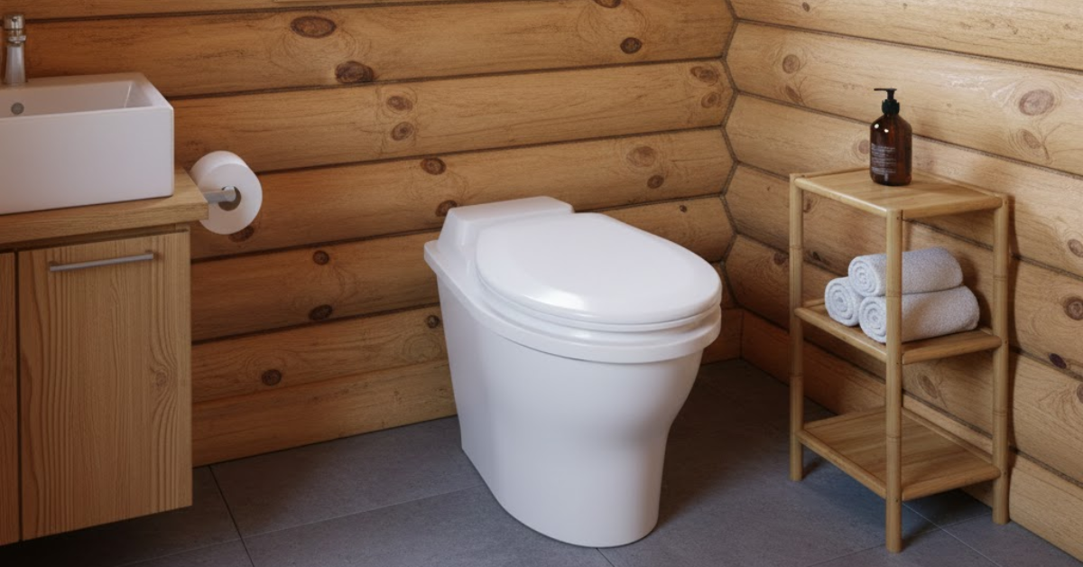 Modern white composting toilet in a rustic log cabin bathroom with bamboo shelving and a sleek wooden vanity.
