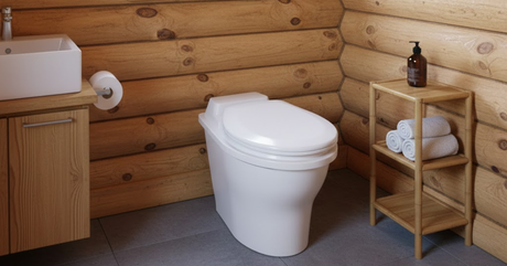 Modern white composting toilet in a rustic log cabin bathroom with bamboo shelving and a sleek wooden vanity.