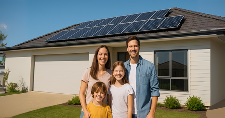 Family standing outside a modern home with rooftop solar panels – A smiling couple and two children pose in front of a white single-storey home with solar panels under a bright blue sky, conveying sustainability and family living.