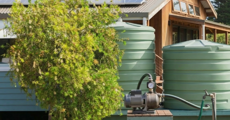 Large green water tanks collects rainwater from a roof gutter system on a rural property surrounded by gum trees.