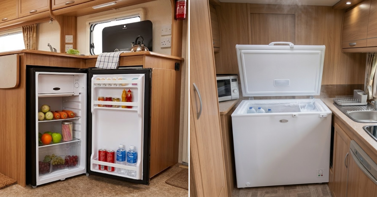 Left: Open mini-fridge with food in an RV kitchen. Right: Open chest freezer emitting cold vapor inside a camper.