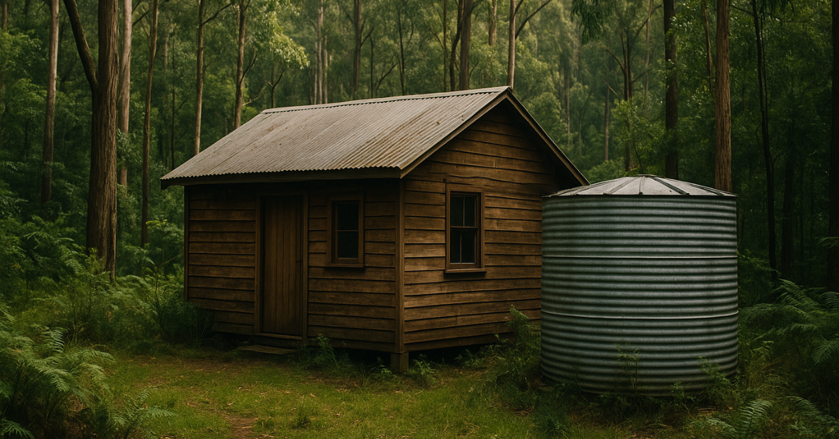 Rustic cabin in Australian forest with a water tank beside it among tall trees and lush ferns.