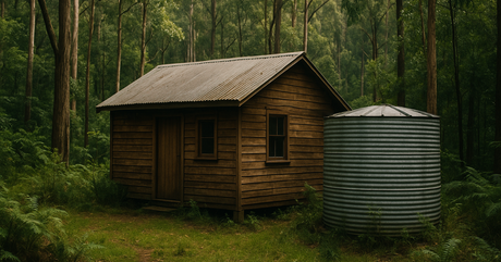 Rustic cabin in Australian forest with a water tank beside it among tall trees and lush ferns.