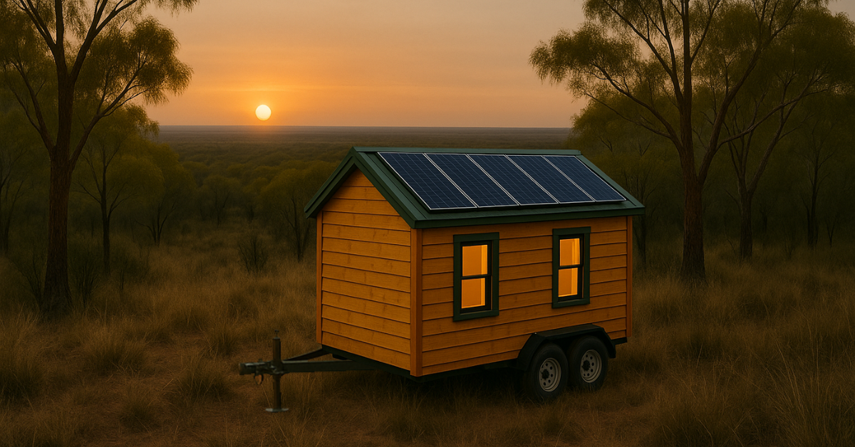 A tiny house on wheels with solar panels sits on a dusty outback trail at sunset, surrounded by tall eucalyptus trees. A small corrugated water tank is positioned close to the cabin's tow bar, highlighting an off-grid, eco-friendly lifestyle.