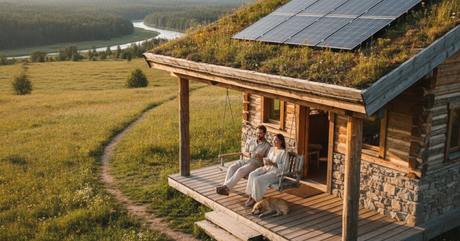 A couple and dog relax on the porch of a solar-powered cabin with a green roof overlooking a scenic river valley.