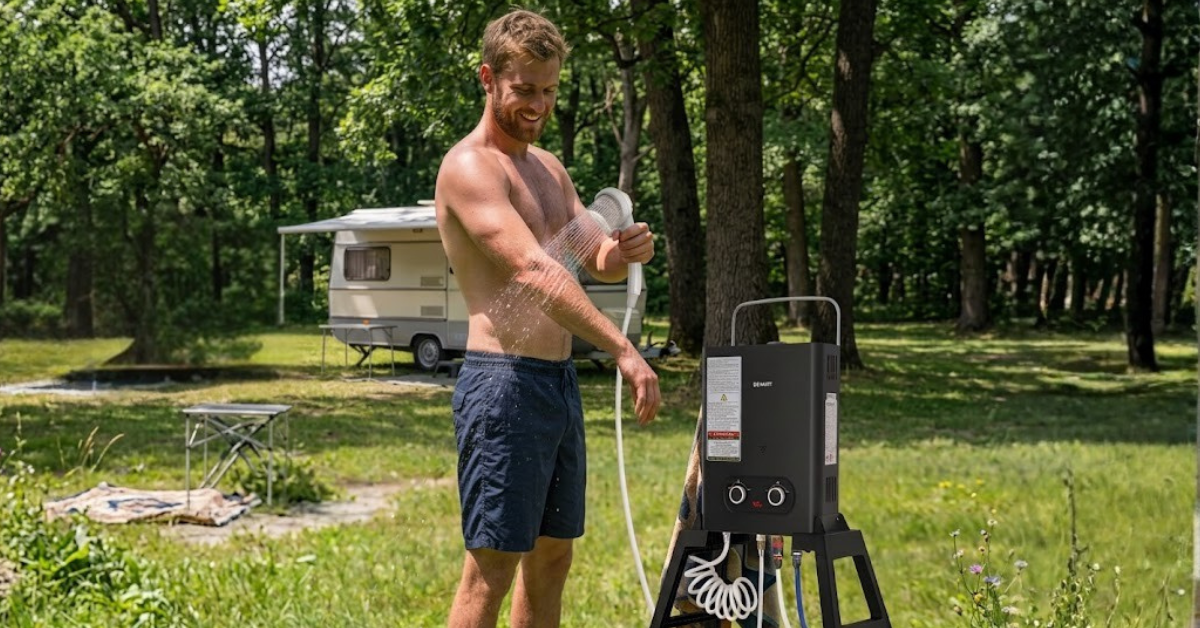 A person using a portable water heater at a campsite with a scenic outdoor backdrop.