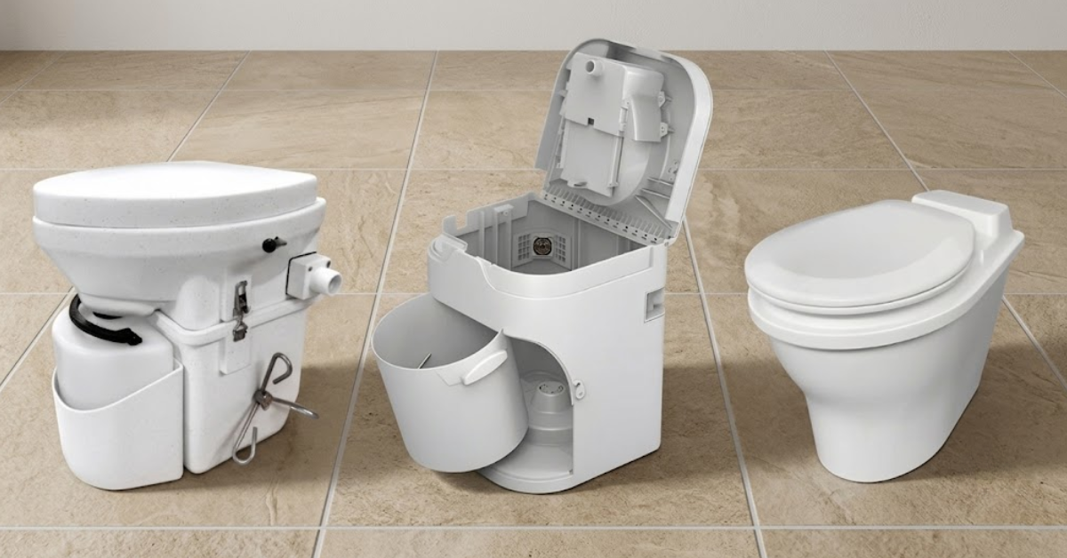 Three white plastic composting toilets on beige tiles, showing exterior, open interior with bin, and closed view.