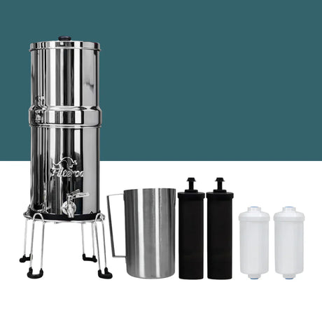 A complete water filtration kit including a stainless steel gravity filter system, two carbon filter elements, and two fluoride-reduction filter elements.