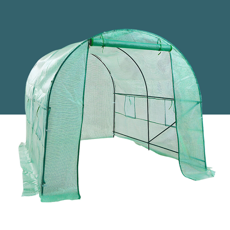 Greenhouse with an open front, showing its green mesh covering and internal metal frame.