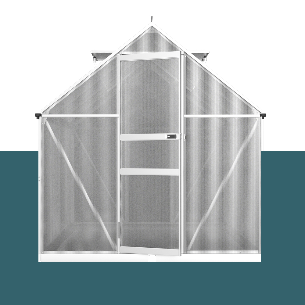 front view of 2.4m Greenfingers Aluminium Polycarbonate Green House Garden Shed