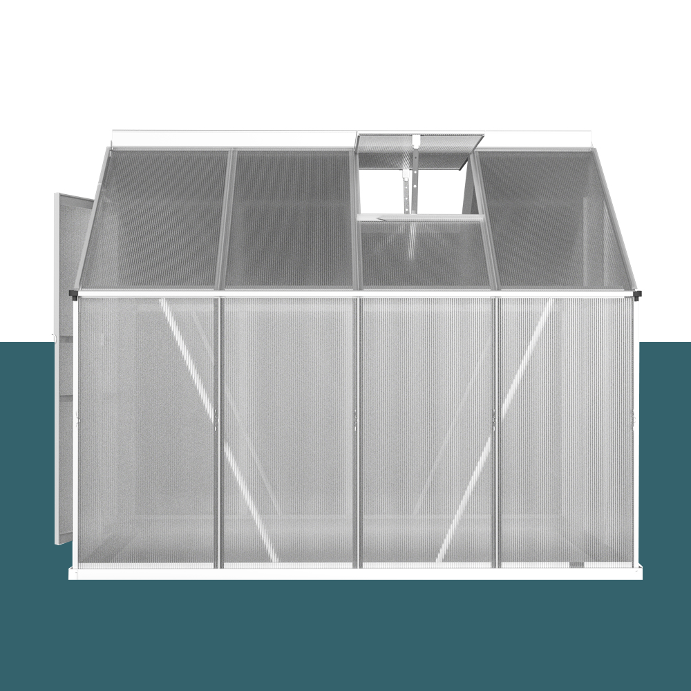 side view of 2.4m Greenfingers Aluminium Polycarbonate Green House Garden Shed