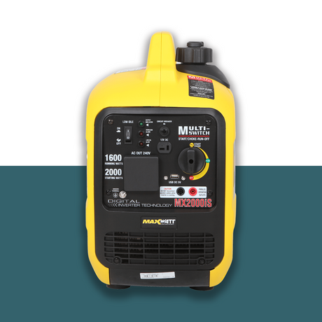 A frontal image of the Maxwatt MX2000iS inverter generator presents its sleek, compact design. The control panel is prominently displayed, emphasising its user-friendly features like AC/DC outputs and parallel operation outlets