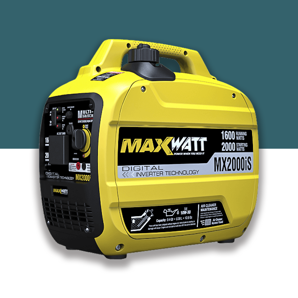 A side view of the Maxwatt MX2000iS generator, emphasising its robust build and digital inverter technology. This compact, lightweight device offers 1600W running and 2000W starting watts for various power needs