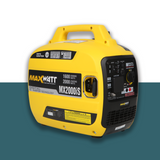 The Maxwatt MX2000iS is shown from another angle, illustrating its portability and ergonomic handle for easy transportation. Its durable design makes it an ideal choice for outdoor use.