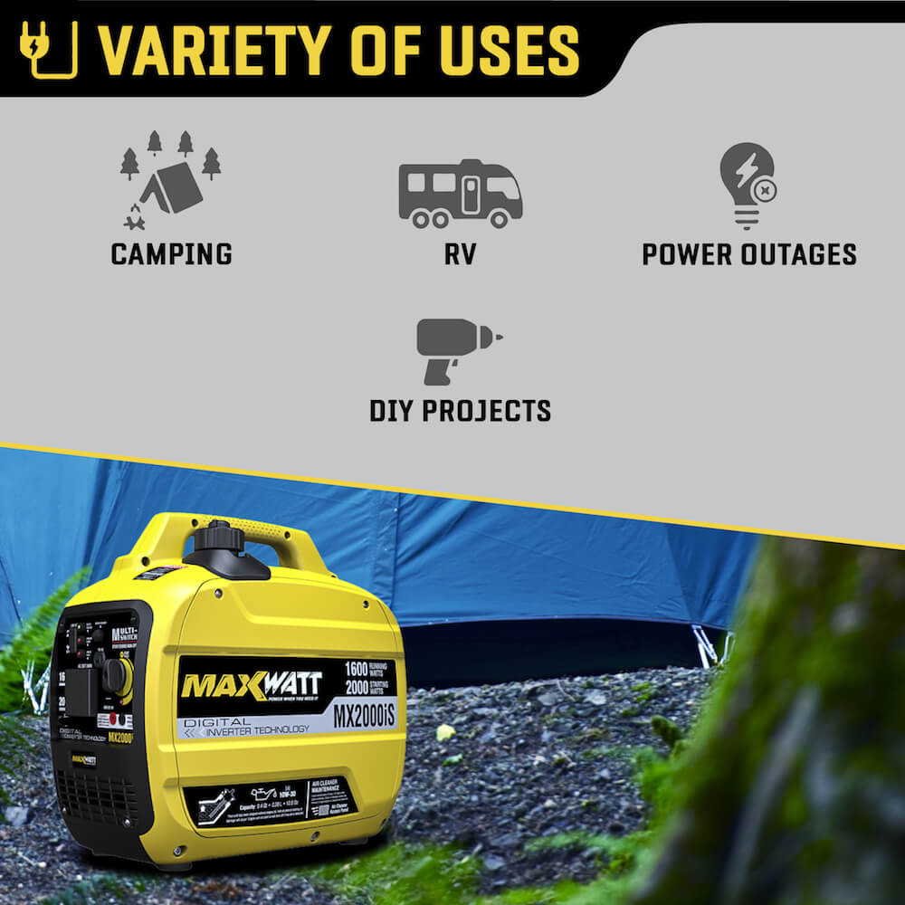 A detailed view of the Maxwatt MX2000iS inverter generator showcases its versatile applications, including camping, RV power supply, handling power outages, and supporting DIY projects. The compact and vibrant yellow unit is designed for portability and efficiency.