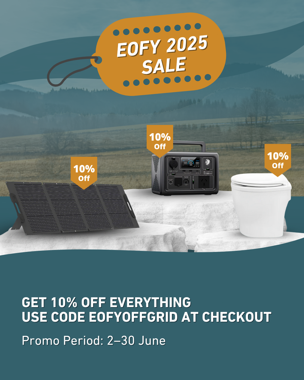 EOFY 2025 Sale banner with orange sale tag and text promoting 10% off everything using code 'EOFYOFFGRID'. Featured products include a foldable solar panel, a Bluetti portable power station, and a composting toilet, each with a '10% Off' badge. Background shows a scenic outdoor landscape. Promo period: 2–30 June.