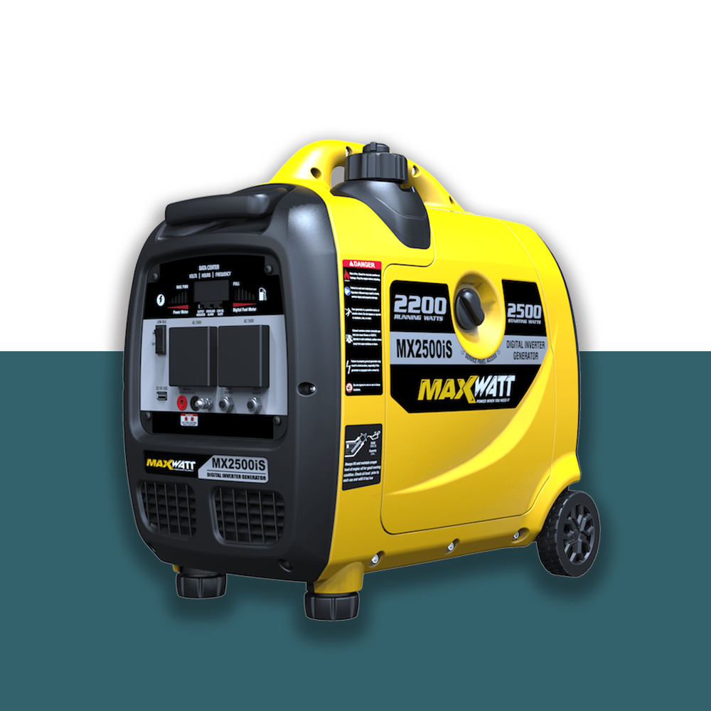 A side view of the Maxwatt MX2500iS generator, complete with durable wheels for easy manoeuvrability. Its high power capacity of 2200 running watts and 2500 starting watts ensures reliable performance in various settings.