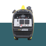 The Maxwatt MX2500iS digital inverter generator is displayed from the rear, showcasing advanced features such as a digital fuel meter and dual AC outlets. Perfect for powering multiple devices simultaneously