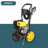 A MaxWatt 3200 PSI pressure washer, presented at an angle, highlighting its yellow wheels, hose connections, and overall sleek design.