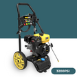 A MaxWatt 3200 PSI petrol pressure washer, featuring a sturdy frame, large yellow wheels, and a visible engine.