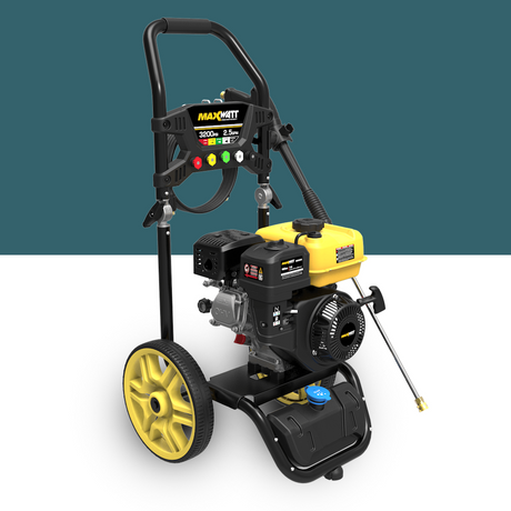 MaxWatt 3200 PSI Petrol-Powered High-Pressure Washer Angled View – A portable petrol pressure washer with a yellow fuel tank, multiple nozzles, and an ergonomic grip.

